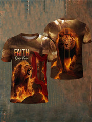 Men's Faith Over Fear Lion & Cross in Flames Christian Short Sleeve T-Shirt