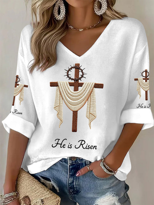 Women's He Is Risen Jesus Christian Cross Print Waffle Long-Sleeve Top