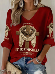Women's He Is Risen It’s Finished Jesus Christian Cross Print Casual Waffle Long-Sleeve Top
