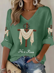 Women's He Is Risen Jesus Christian Cross Print Waffle Long-Sleeve Top