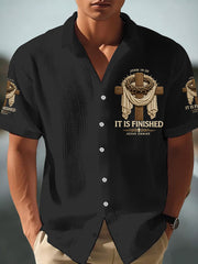 Men's He Is Risen It’s Finished Jesus Christian Cross Print Short-Sleeve Waffle Shirt