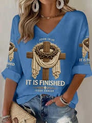 Women's He Is Risen It’s Finished Jesus Christian Cross Print Casual Waffle Long-Sleeve Top