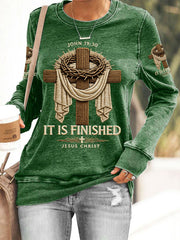 Women's He Is Risen It’s Finished Jesus Christian Cross Print Casual Sweatshirt