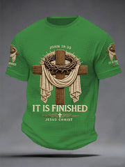 Men's Men's He Is Risen It’s Finished Jesus Christian Cross Print Waffle Short Sleeve Tee