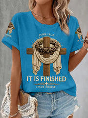 Women's He Is Risen It’s Finished Jesus Christian Cross Print Waffle Tee