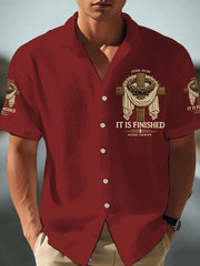 Men's He Is Risen It’s Finished Jesus Christian Cross Print Short-Sleeve Waffle Shirt