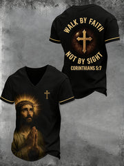 Men's Christian Cross Walk By Faith Not By Sight Printed V-neck T-shirt