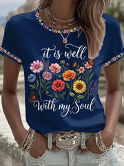 Women's It Is Well With My Soul Floral Print Casual Tee