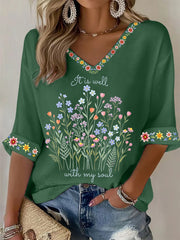 Women's It Is Well With My Soul Floral Print Casual Waffle Top
