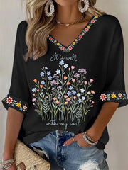 Women's It Is Well With My Soul Floral Print Casual Waffle Top