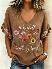 Women's It Is Well With My Soul Floral Print Casual Ruffle Sleeve Tee