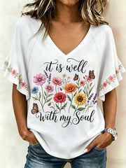 Women's It Is Well With My Soul Floral Print Casual Ruffle Sleeve Tee