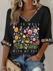 Women's It Is Well With My Soul Floral Print Casual Waffle Top