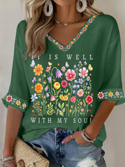 Women's It Is Well With My Soul Floral Print Casual Waffle Top