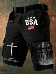 Men's Psalm 27:1 American Flag Cross Faith Over Fear Christian Printed Shorts