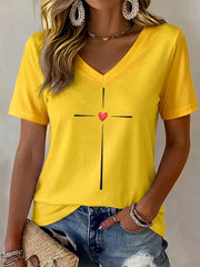 Women's Christian Cross Print V-Neck Tee
