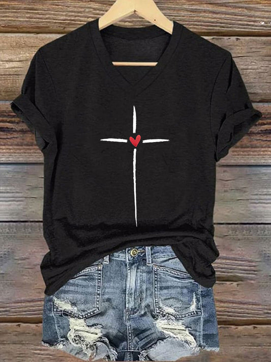 Women's Christian Cross Print V-Neck Tee