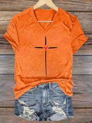 Women's Christian Cross Print V-Neck Tee