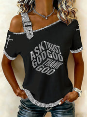 Women's “Ask God Tust God Thank God”Off-the-Shoulder Short-Sleeve T-Shirt