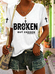 Women's Christian Cross Broken But Chosen Print V-neck Tee
