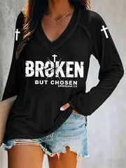 Women's Christian Cross Broken But Chosen Print V-neck Long Sleeve Tee
