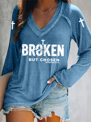 Women's Christian Cross Broken But Chosen Print V-neck Long Sleeve Tee