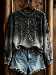 Women's Faith Over Fear Gothic Cross Roses Print Gradient Sweatshirt