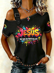 Women's Christian Jesus Cross Off-the-Shoulder Short-Sleeve T-Shirt