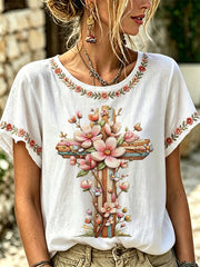 Women's Floral Christian Cross Print Tee