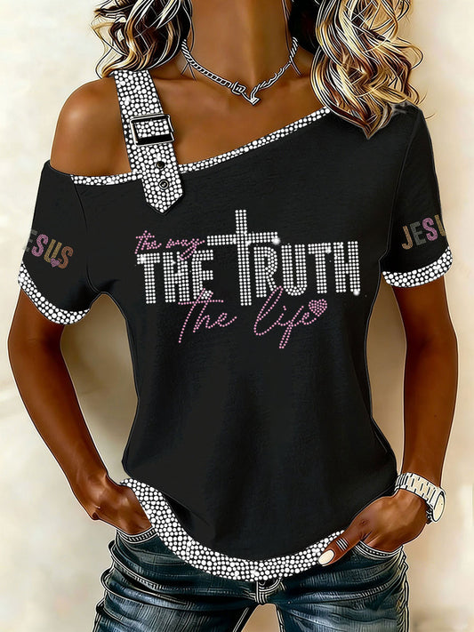 Women's The Way The Truth The Life Rhinestone Print Casual T-Shirt