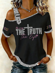 Women's The Way The Truth The Life Rhinestone Print Casual T-Shirt