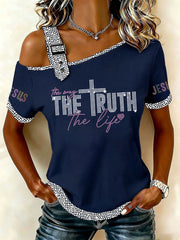 Women's The Way The Truth The Life Rhinestone Print Casual T-Shirt