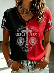 Women's JESUS Printed V-neck T-shirt