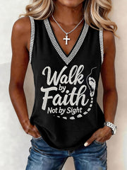 Women's Christian Cross Walk By Faith Not By Sight Print V-Neck Vests
