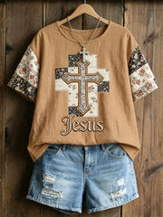 Women's Christian Floral Jesus Cross Linen Short Sleeves Top