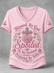 Women's Blessed By God Spoiled By My Husband Protected By Both Cross Print Casual V-Neck Tee