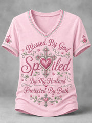 Women's Blessed By God Spoiled By My Husband Protected By Both Cross Print Casual V-Neck Tee