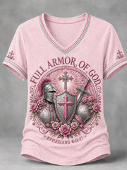 Women's Christian Full Armor Of God Print Casual V-Neck Tee