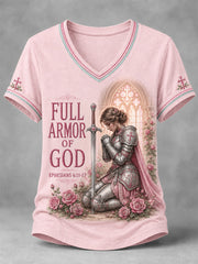 Women's Christian Full Armor Of God Print Casual V-Neck Tee