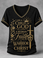 Women's Christian Woman Of God Print Casual V-Neck Tee