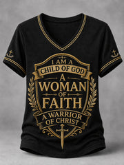 Women's Christian Woman Of God Print Casual V-Neck Tee