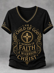 Women's Christian Woman Of God Print Casual V-Neck Tee