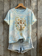 Women's Vintage Floral Cross Print Casual Short-sleeved T-shirt