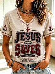 Women's Christian JESUS SAVES Cross V-Neck Short Sleeve T-shirt