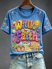 Women's Walk By Faith Print Round Neck Short Sleeve T-shirt