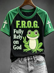 Women's Fully Rely On God Funny Christian Frog Faith Jesus Print Short Sleeve T-shirt