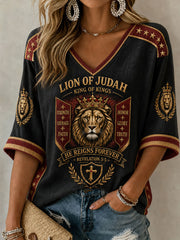 Women's Christian Lion of Judah Art Mid-length Sleeves V-Neck T-Shirt