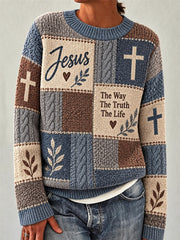Women's Christian Cross Faith Patchwork Print Casual Long Sleeve Sweater