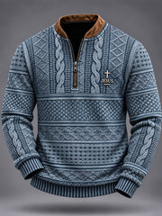 Men's Jesus Cross Faith Cable Pattern Print Casual Zipper Pullover