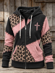 Women's Vintage Leopard Print Element Block Patchwork Design Print Casual Zip-Up Hoodie